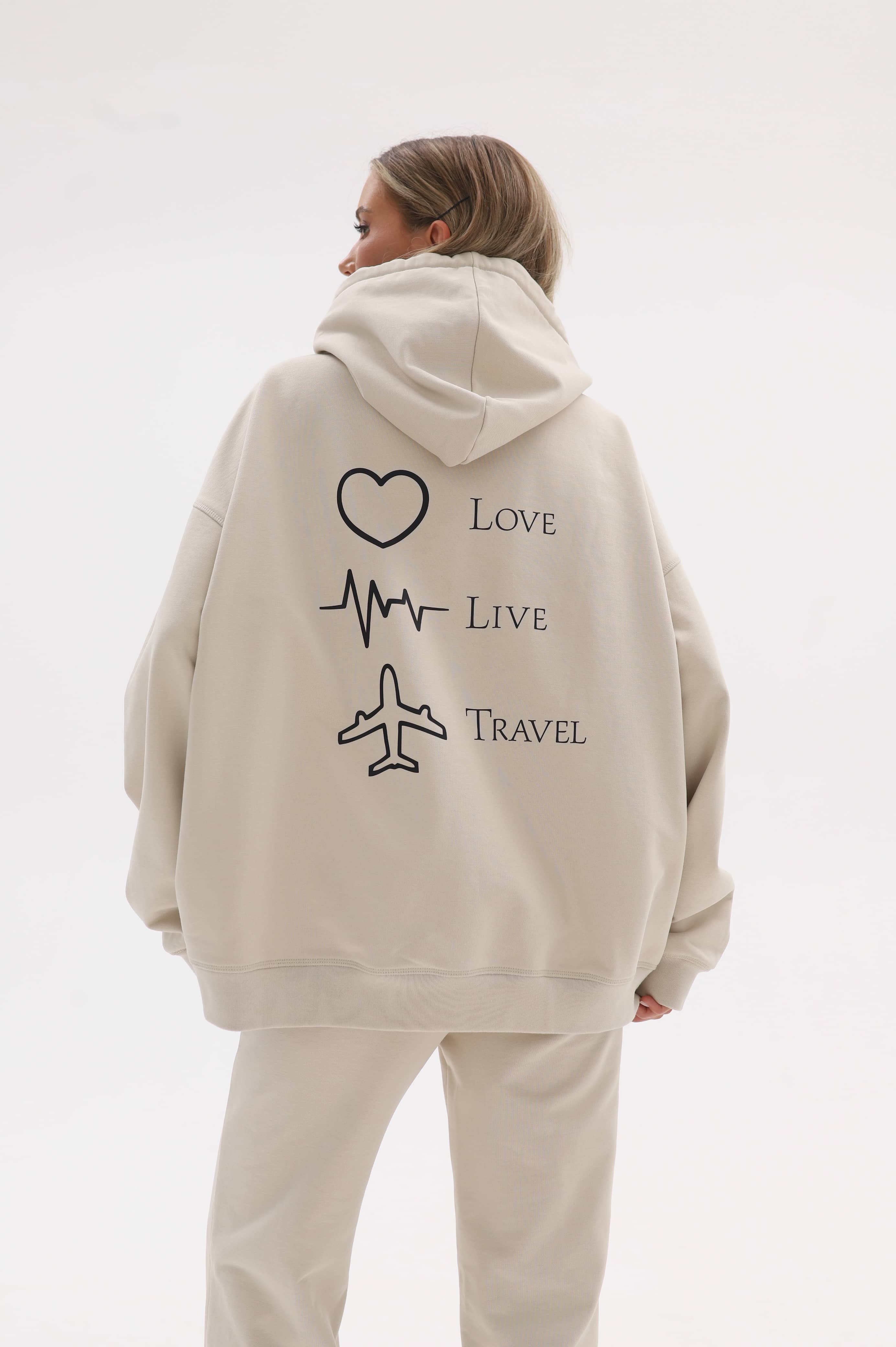 Худи оверсайз Love Live Travel — Бежевый — кадр 8